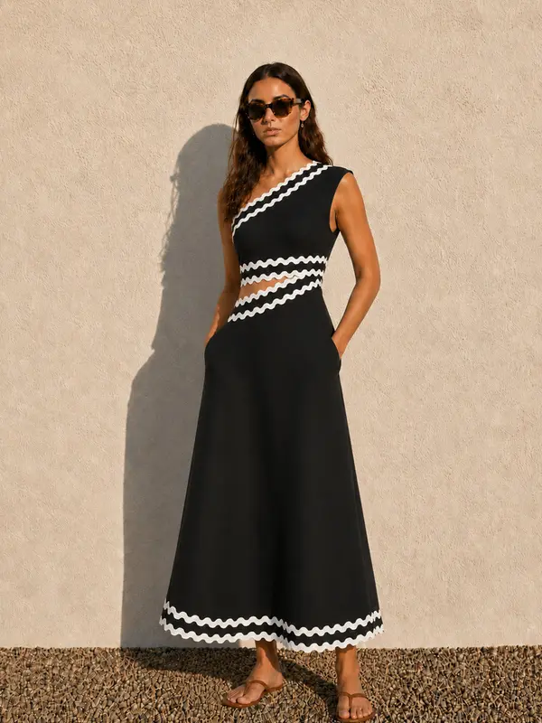 Vestido Midi Asimétrico con Abertura y Acabado Ondulado