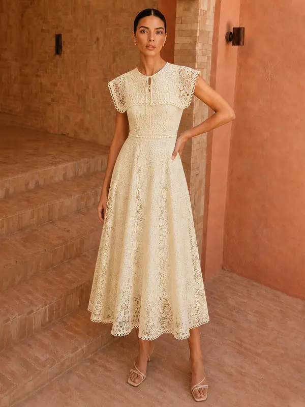 Vestido midi de encaje con cuello capa anudado