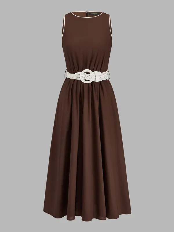 Vestido Midi de Lino y Algodón Sin Mangas con Cinturón