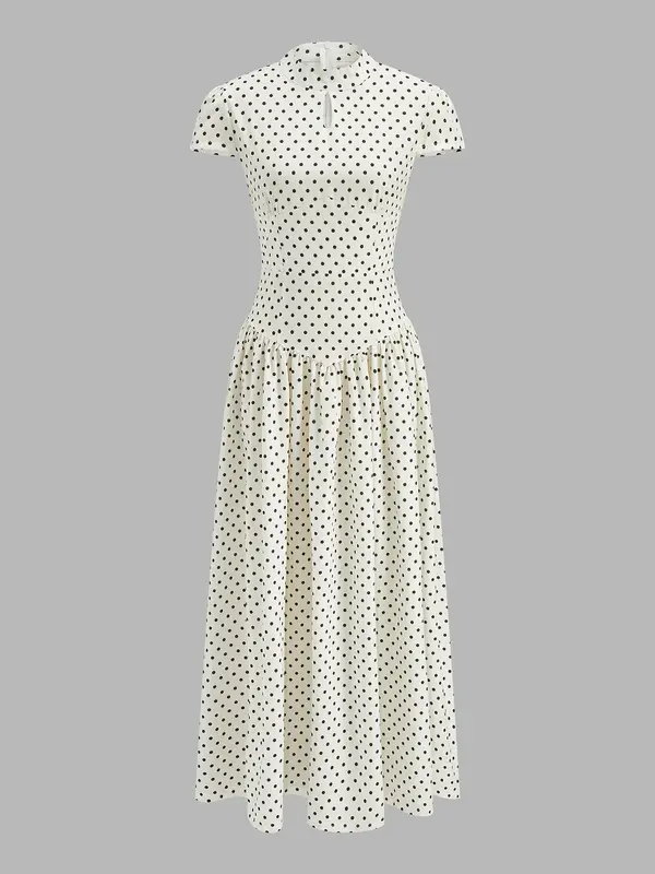 Vestido Midi de Lunares con Cuello Perkins y Manga Corta