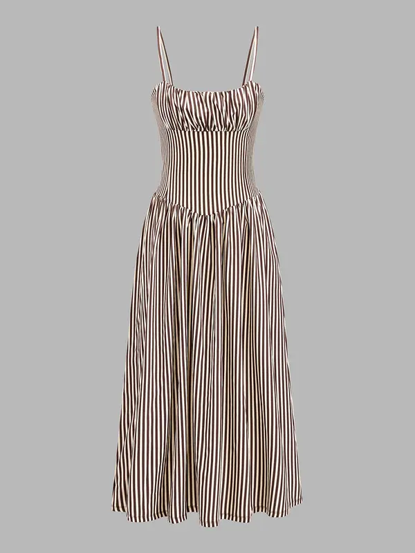 Vestido midi de tirantes a rayas con pecho fruncido