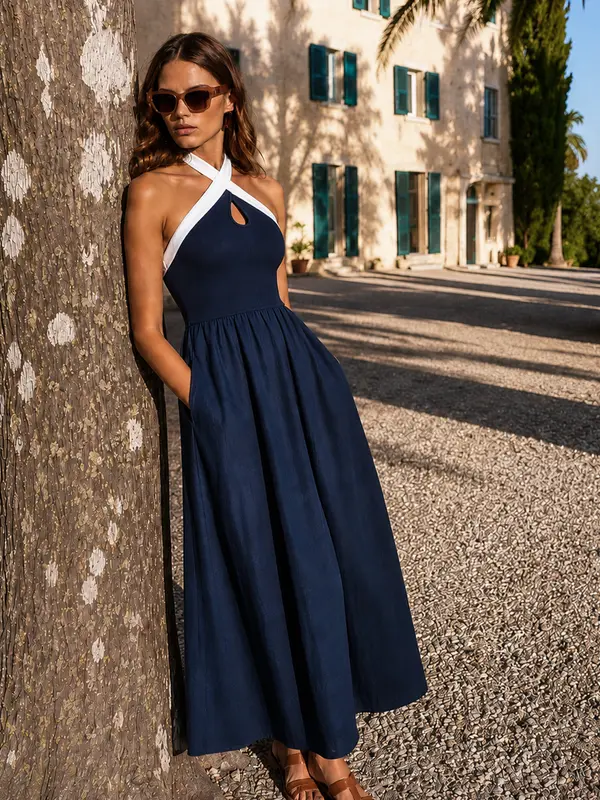 Vestido midi halter color block con abertura