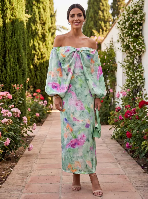Vestido Midi Lindaraja con Escote Bardot y Estampado Floral Acuarela