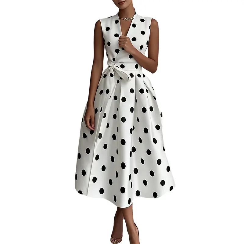 Vestido midi para mujer con lunares y cinturón ajustable