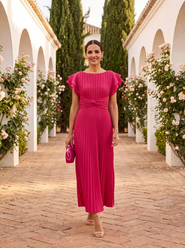 Vestido Midi Selena en Fucsia con Plisado Elegante