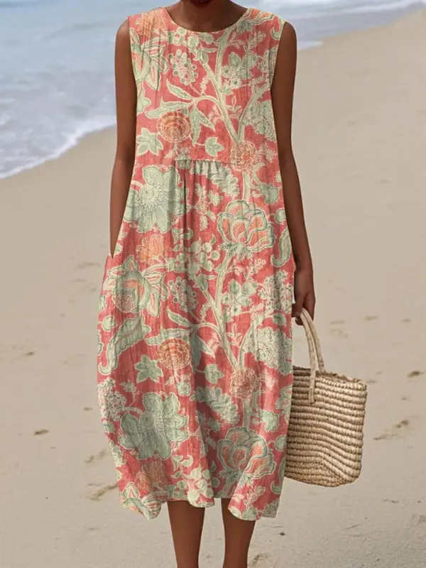Vestido midi sin mangas con estampado floral para mujer