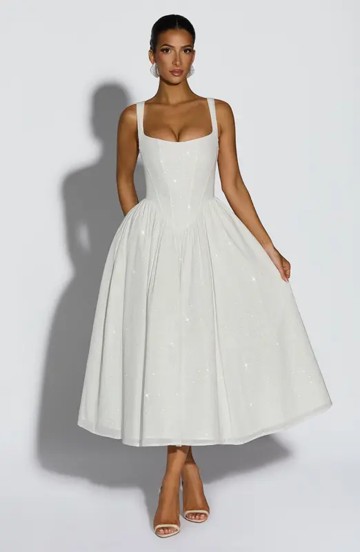 VESTIDO MIDI VIVIENNE - BRILLO MARFIL