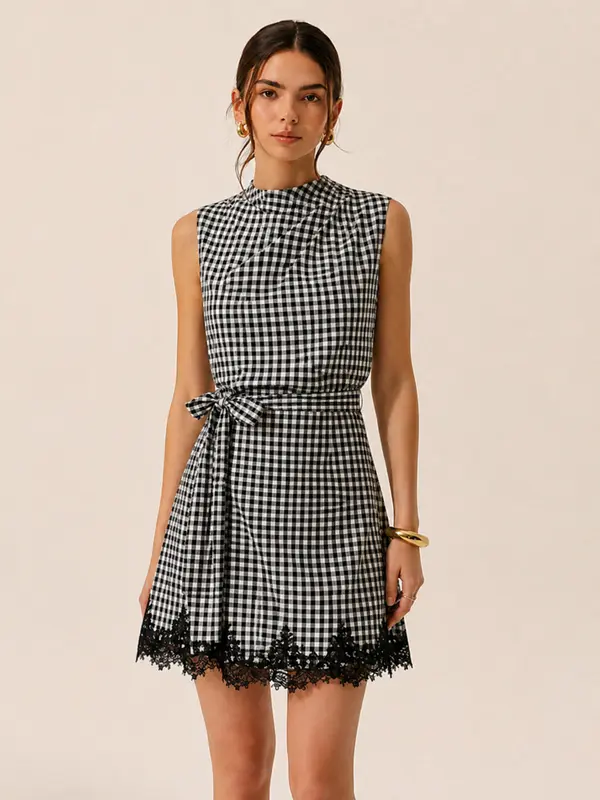Vestido mini de cuadros vichy con lazo y ribete de encaje