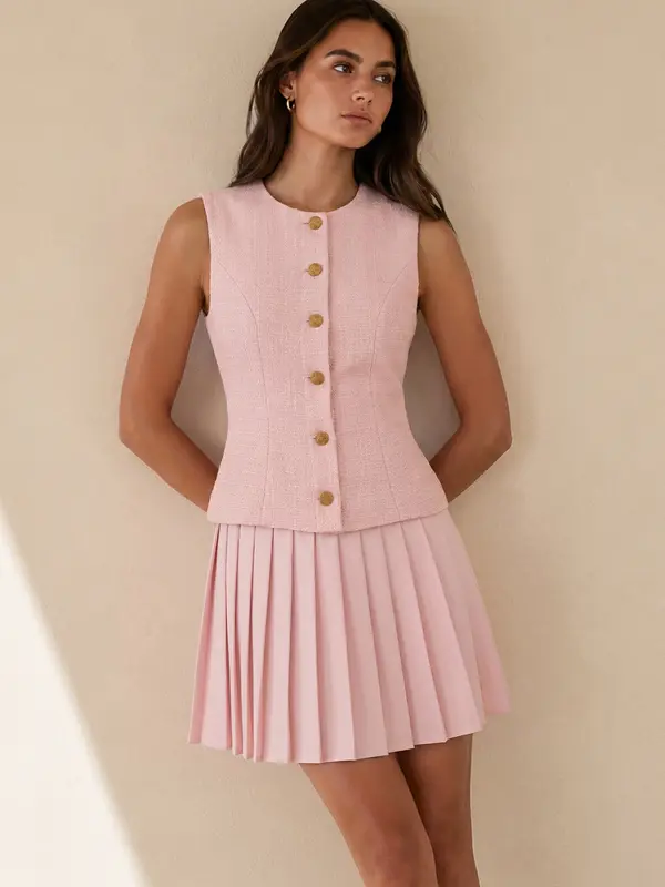 Vestido mini de tweed sin mangas con tablas