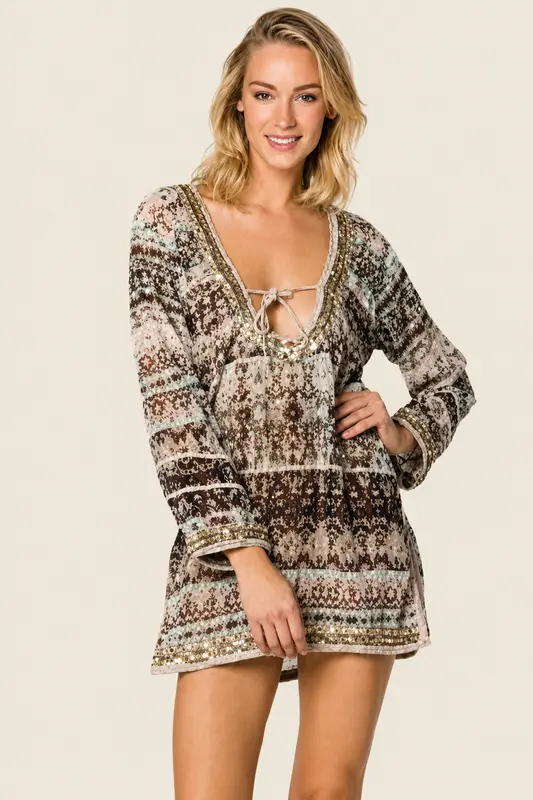Vestido Mini Tribal De Manga Larga