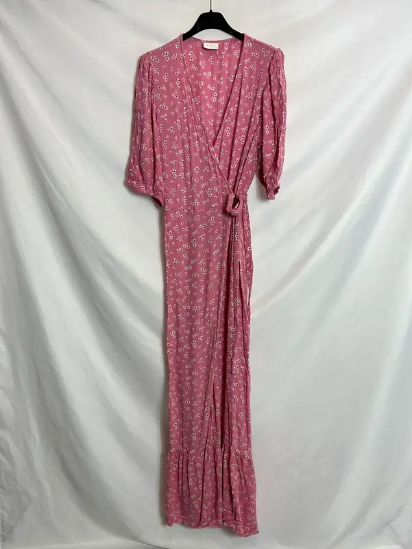 VILA. Vestido largo rosa cruzado flores. T 36
