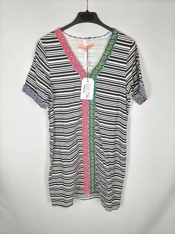 VILAGALLO. Vestido rayas negras y abalorios T.38