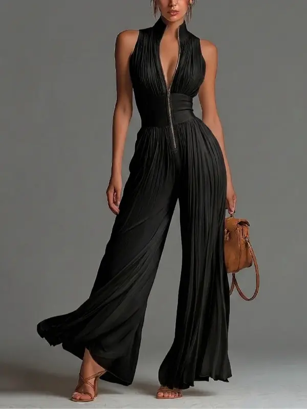 Vittoria · Black Chiffon Jumpsuit, V-Neck, Sleeveless, Zip, Pleated Wide-Leg Trousers