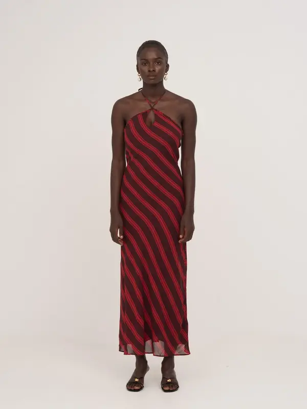 Whispered Striped Burgundy and Red Long Occasion Dress