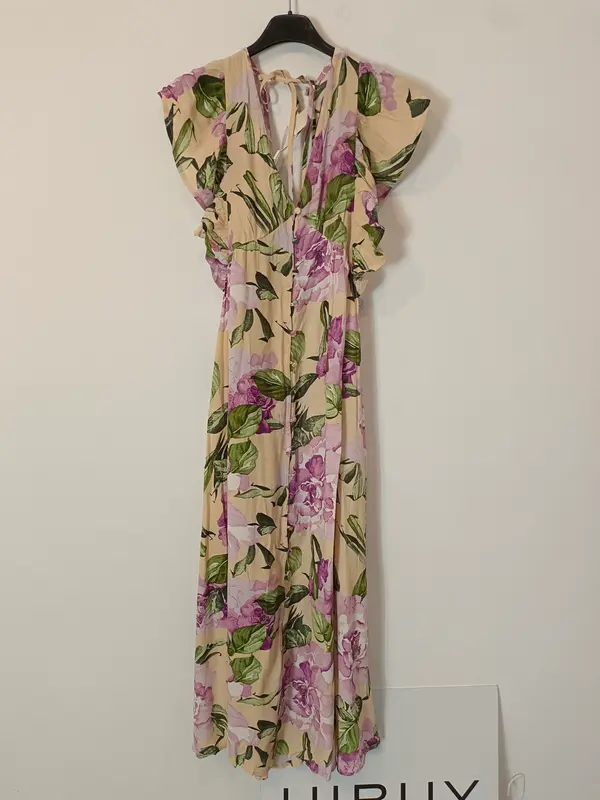YAS. Vestido largo beige flores moradas T.xs