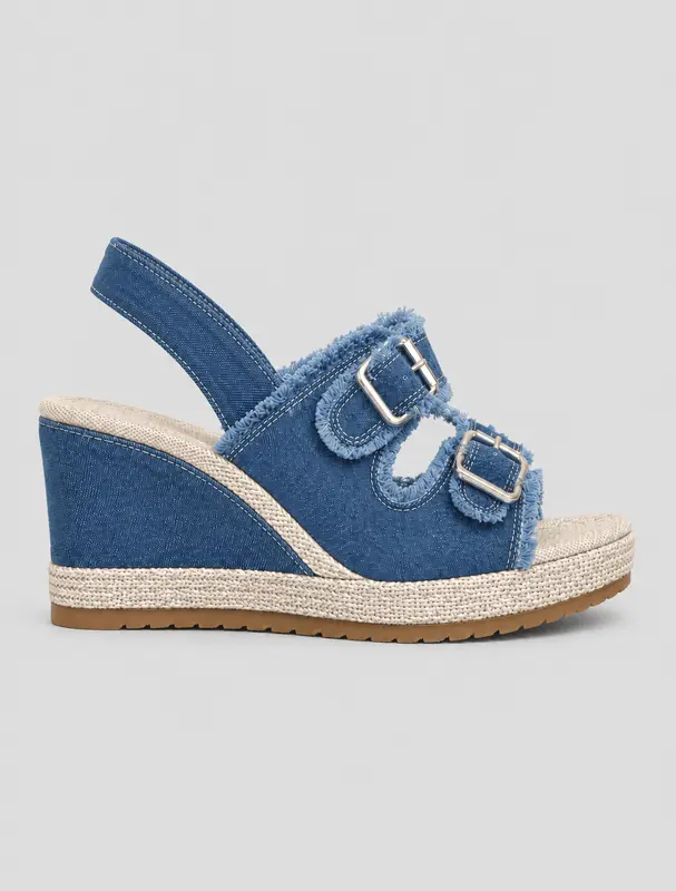 Zafira | Buckle Wedge Sandals with Denim Design