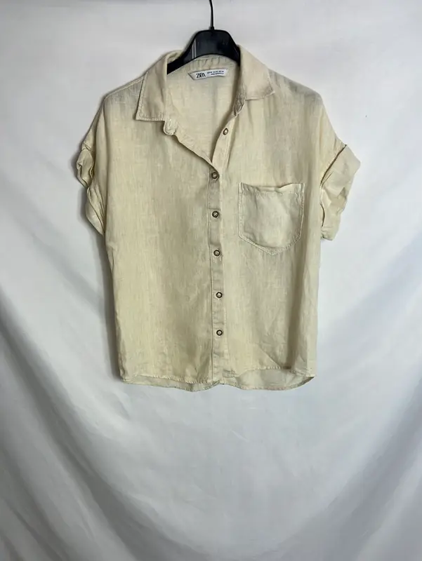 ZARA. Blusa manga corta beige efecto lino. T XS