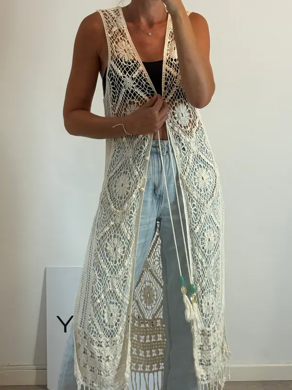 ZARA. Chaleco beige croché T.s
