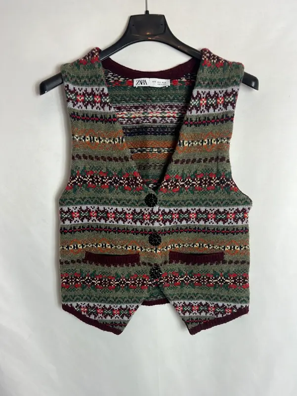 ZARA. Chaleco verde estampado botones. T S