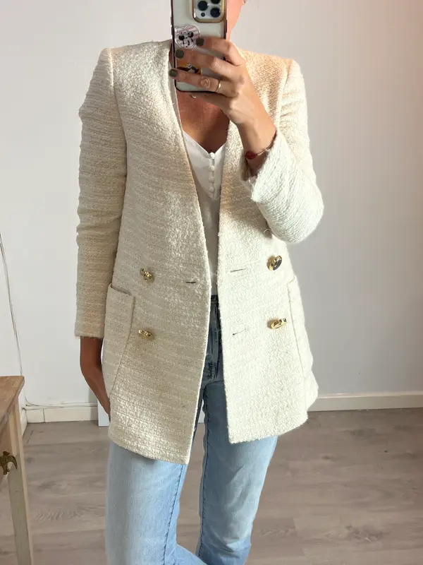 ZARA. Chaqueta larga tweed hilos brillo. TXS