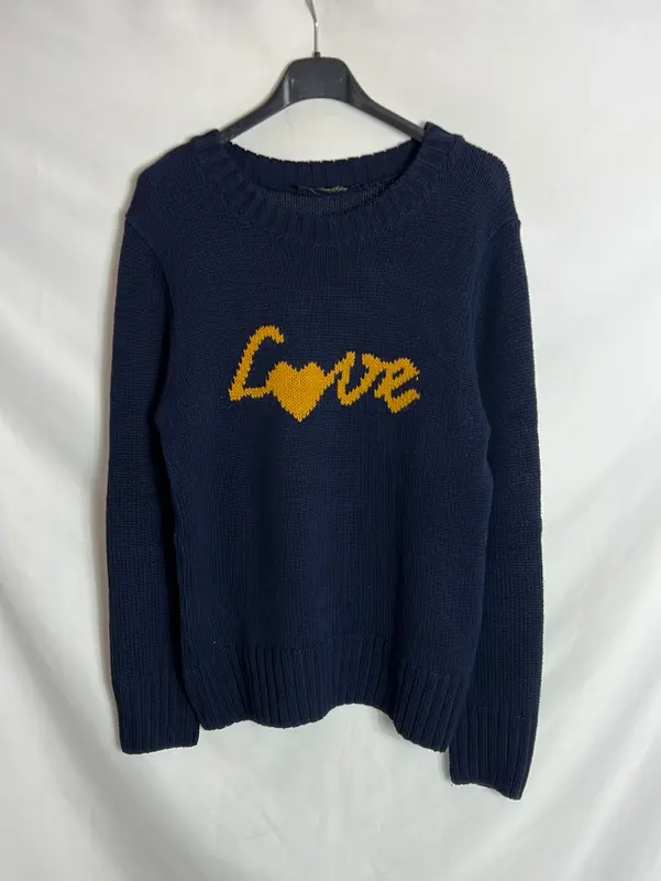 ZARA. Jersey azul letras mostaza. T L
