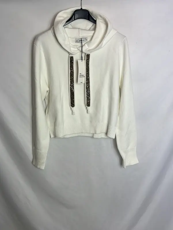 ZARA. Jersey blanco capucha detalle. T L (s/m)