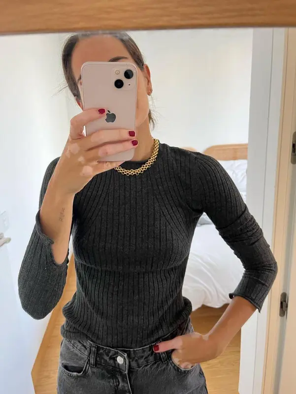 ZARA. Jersey gris canalé T.m