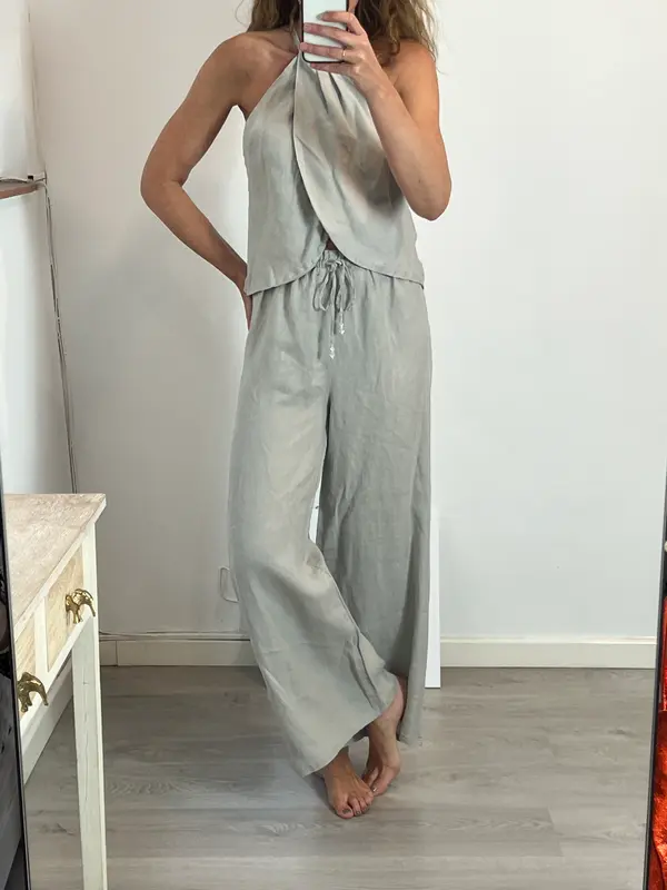 ZARA. Pantalón ancho lino gris T.s