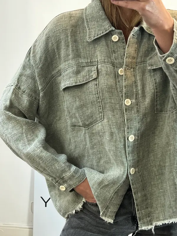 ZARA. Sobre camisa lino verde jaspeado. T L