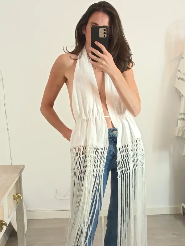 ZARA. Top blanco flecos T.xs