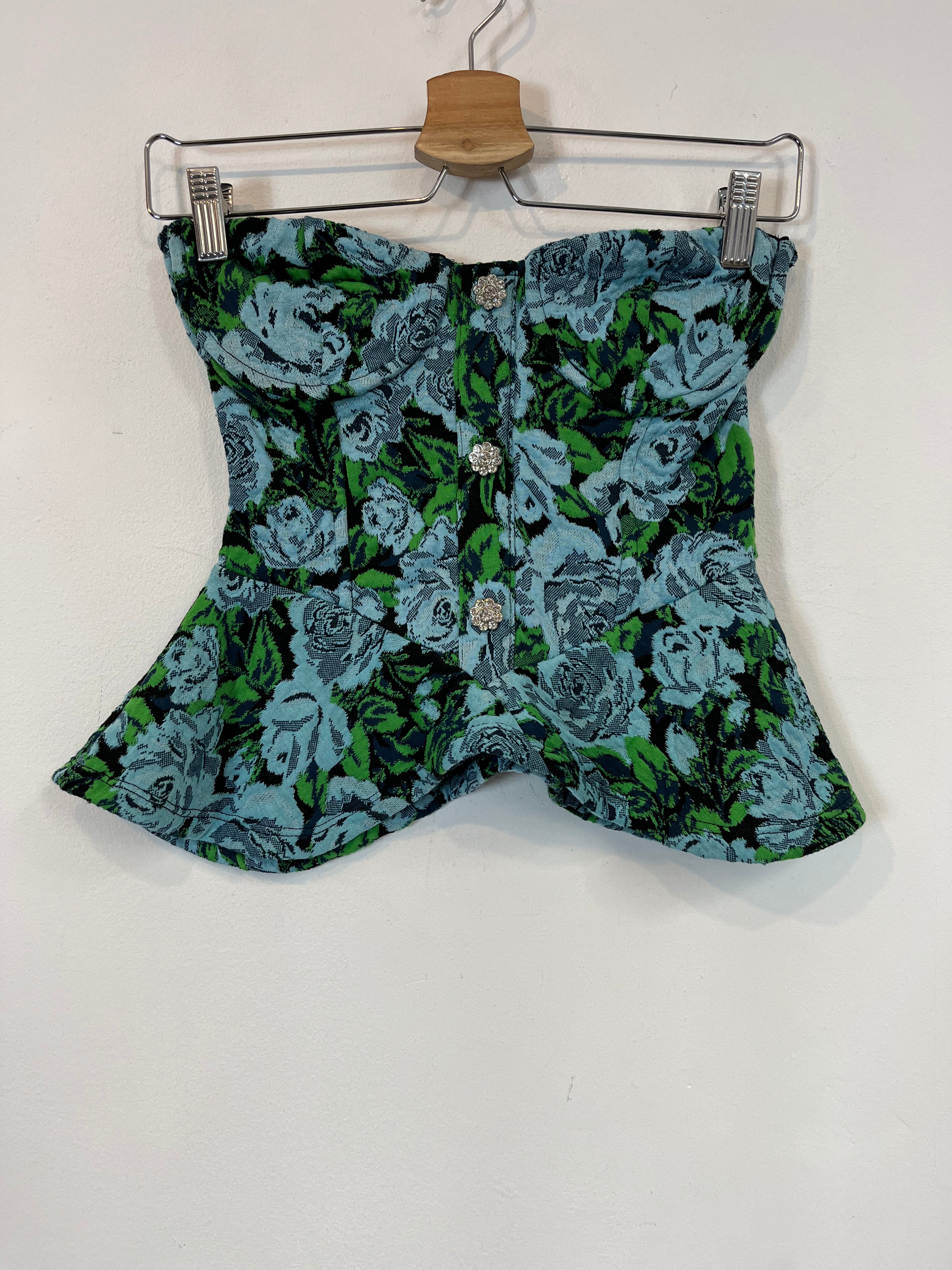ZARA. Top flores textura botones joya. T.S