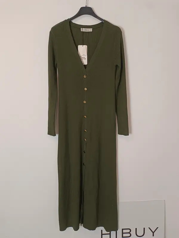ZARA. Vestido canalé verde T.s