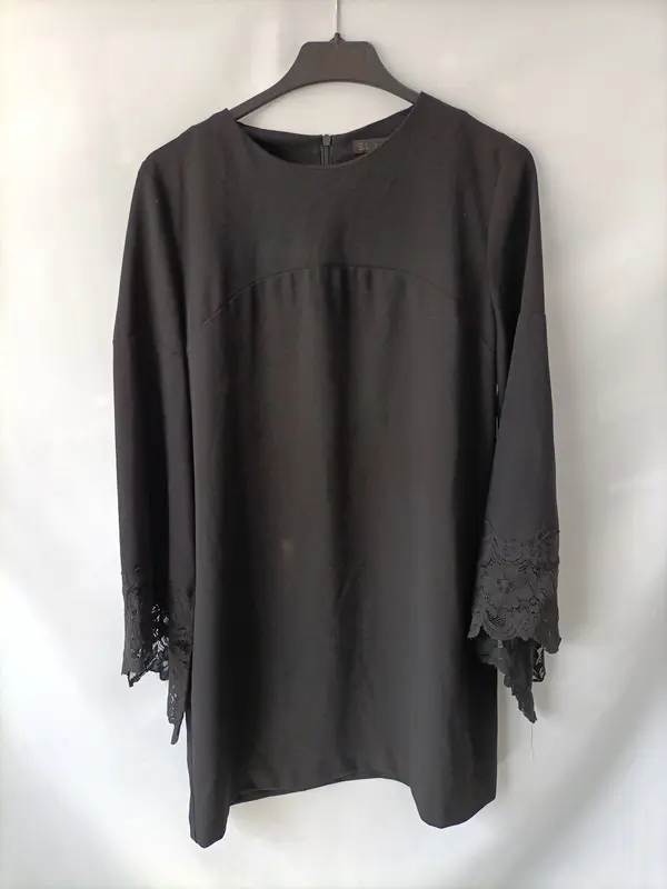 ZARA.Vestido formal negro encaje mangas T.s