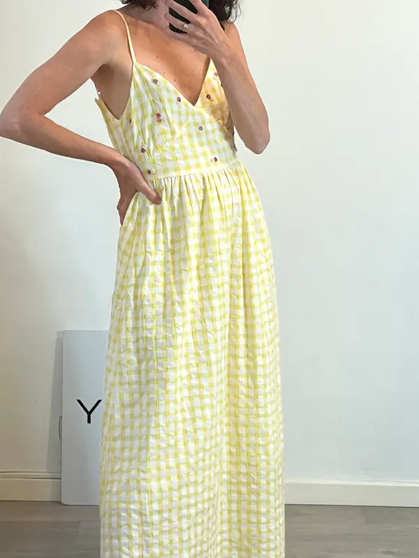 ZARA. Vestido largo cuadros amarillo. T. XS