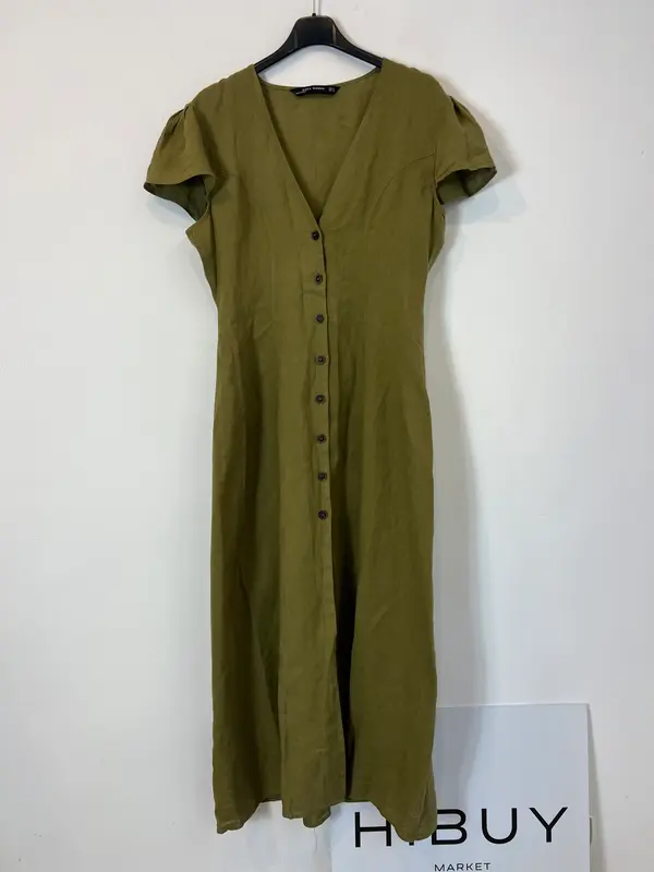 ZARA. Vestido largo verde lino abotonado. T M