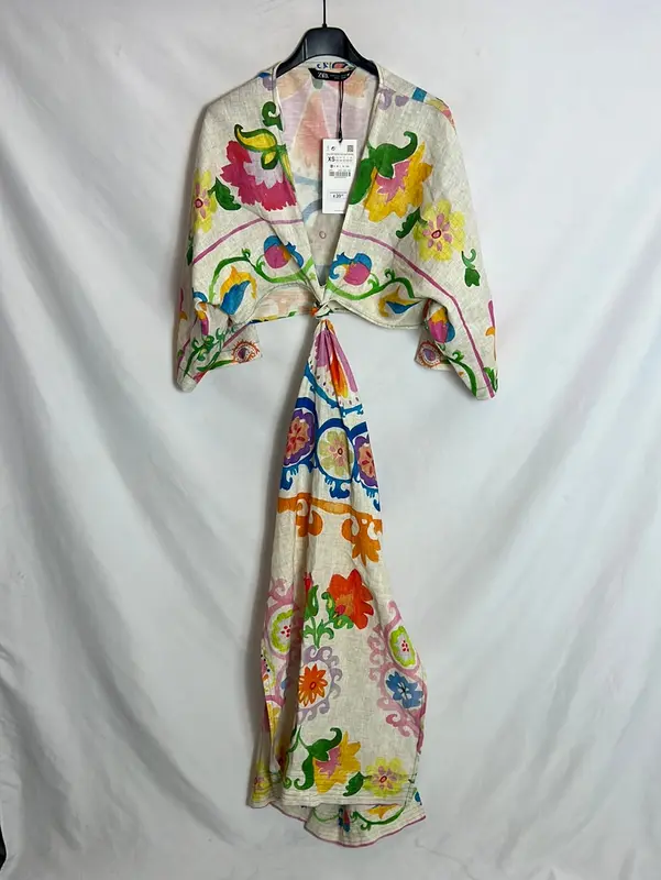 ZARA. Vestido lino aperturas estampando . T XS
