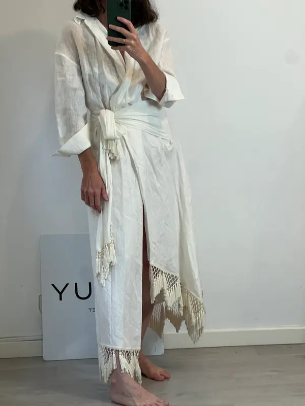 ZARA. Vestido lino cruzado flecos. T XS