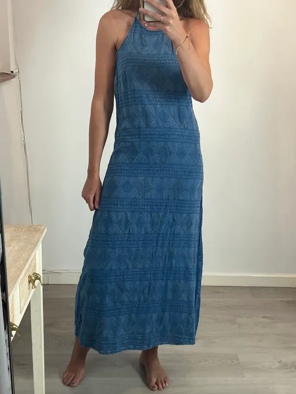 ZARA. Vestido midi azul cuello halter. T S