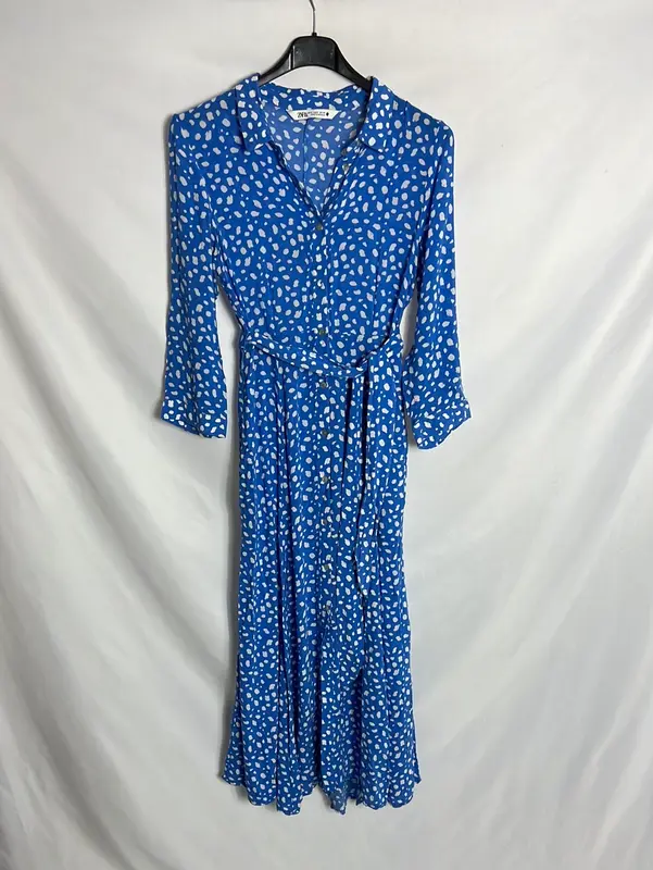 ZARA. Vestido midi azul y blanco camisero. T S