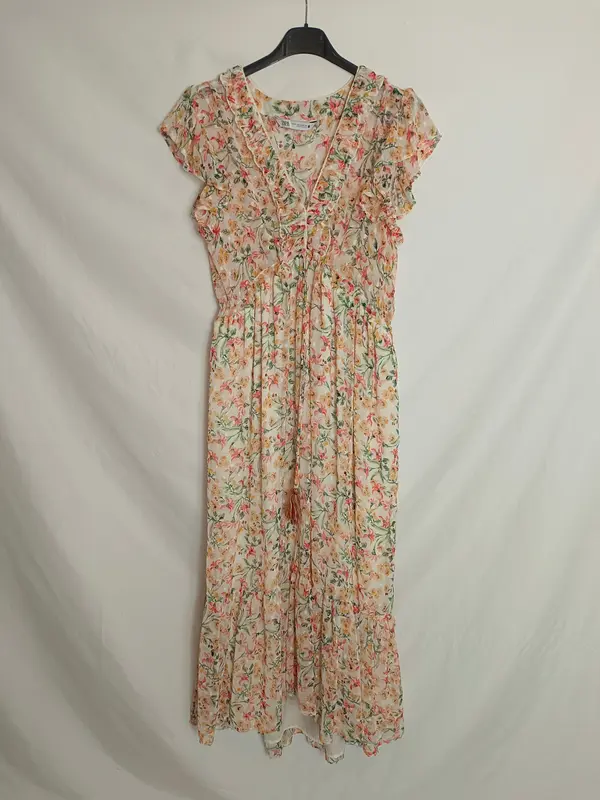 ZARA. Vestido midi beige flores t.m