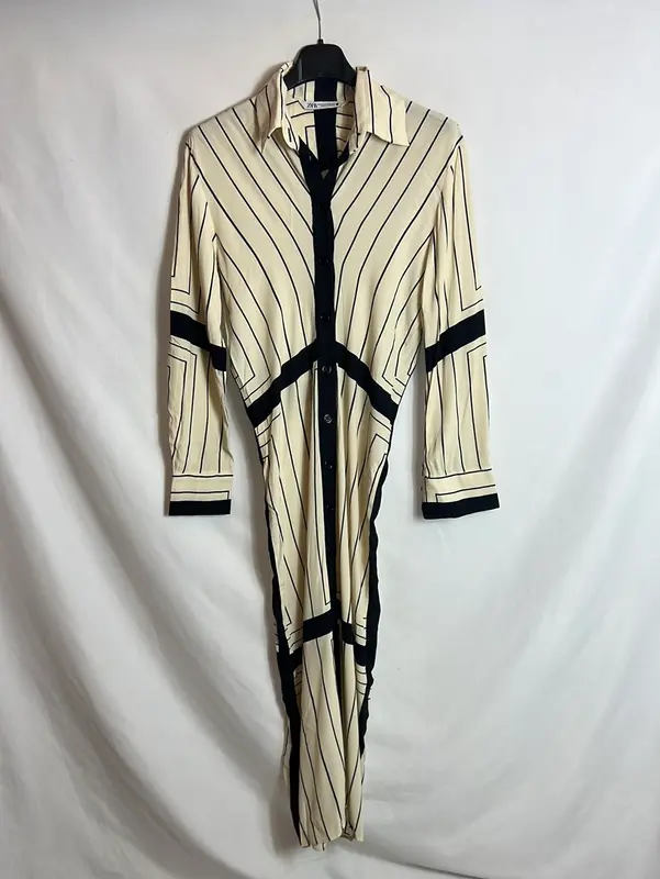 ZARA. Vestido midi camisero beige y negro. T XS