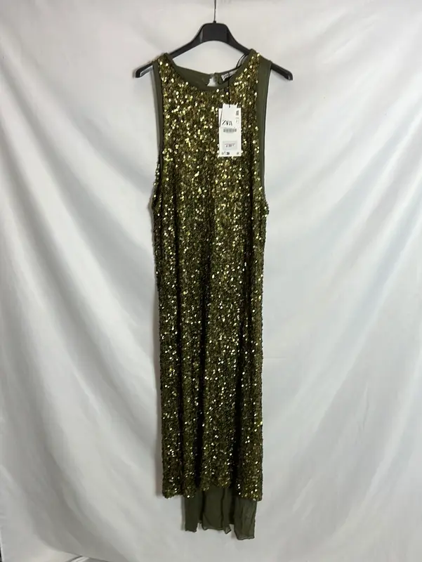 ZARA. Vestido mido doble capa lentejuelas y gasa. T M