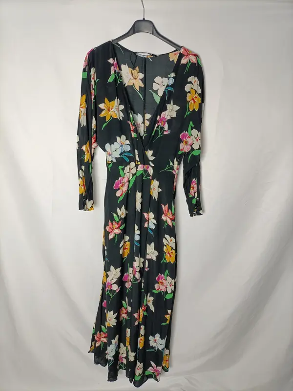 ZARA. Vestido negro estampado flores. T XS (S)