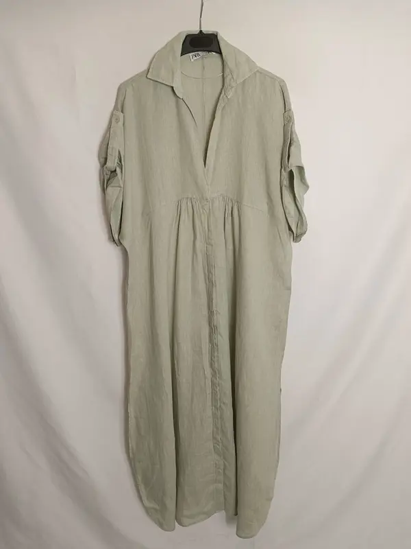 ZARA. Vestido verde lino T.m